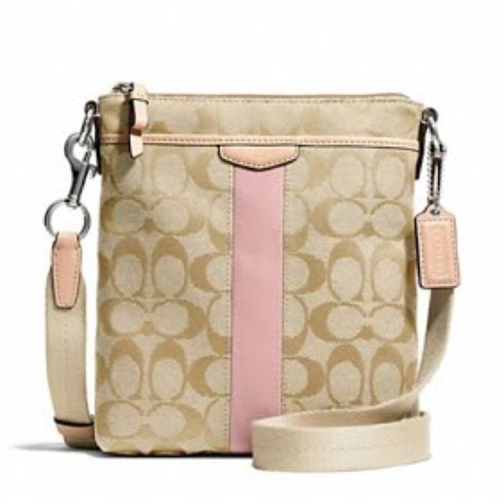 COACH beige swing pack crossbody with pink stripe